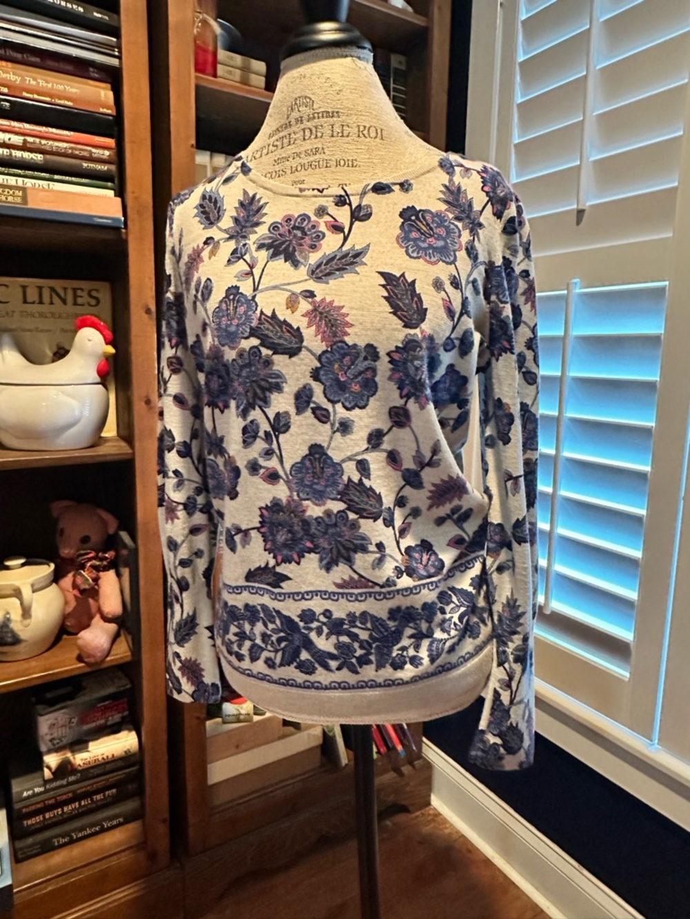 Talbots Cream Sweater with Blue and Purple Floral Print